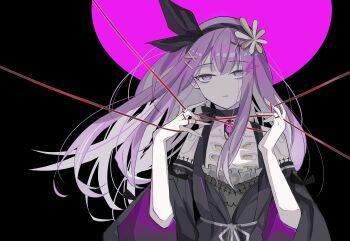 1boy absurdres android black_background black_choker black_dress black_hairband black_sleeves chinese_commentary choker commentary detached_sleeves double-parted_bangs dress frilled_dress frills hair_ornament hairband hairclip hairpin half-closed_eyes highres lithos_(pgr) looking_at_viewer male_focus mechabare punishing:_gray_raven puppet_strings purple_eyes purple_hair shenzao simple_background sleeveless sleeveless_dress solo straight-on trap two-sided_sleeves upper_body wide_sleeves x_hair_ornament