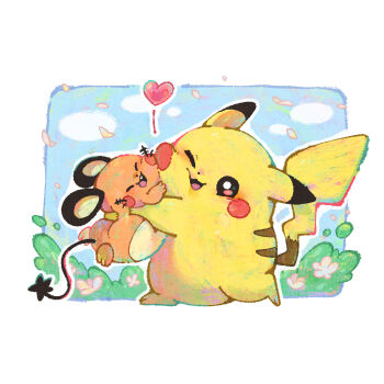 black_eyes border bright_pupils bush cheek_press commentary_request dedenne full_body gen_1_pokemon gen_6_pokemon heart hug imomushi_(pixiv_9001433) nintendo open_mouth pikachu pokemon pokemon_(creature) squeezing white_border white_pupils