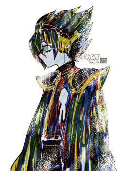 1boy aizawa_sachi artist_name cape captain_spaceboy commentary_request dated from_side long_sleeves male_focus no_mouth omori pants short_hair simple_background solo white_background