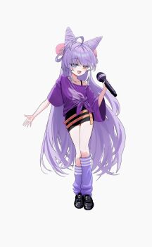 Rule 34 | 1girl, :d, absurdres, ahoge, animal print, black shoes, black skirt, blue eyes, ccmk5555, cone hair bun, double bun, fang, fox print, full body, hair bun, hair ornament, hair rings, hashtag-only commentary, heterochromia, highres, holding, holding microphone, leg warmers, loafers, long hair, looking at viewer, loose clothes, loose shirt, loose socks, microphone, miniskirt, multicolored hair, open mouth, pencil skirt, penny loafers, pom pom (clothes), pom pom hair ornament, purple hair, purple leg warmers, purple shirt, purple socks, shirt, shoes, single-shoulder shirt, skirt, smile, socks, solo, stellive, strap, streaked hair, striped leg warmers, t-shirt, tenko shibuki, two-tone hair, very long hair, virtual youtuber, yellow eyes