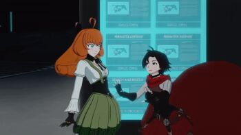 2girls 3d alternate_hair_length alternate_hairstyle android animated animated_gif bow breasts cape gloves green_eyes grey_eyes lifting_person long_hair multiple_girls orange_hair penny_polendina ribbon ruby_rose rwby shaking short_hair skirt