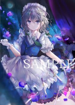 1girl apron blue_skirt blue_vest bow braid collared_shirt commentary_request falling_petals flower flower_request gloves green_bow green_necktie grey_eyes grey_hair hair_bow izayoi_sakuya kazu_(muchuukai) knife long_hair looking_at_viewer maid maid_headdress necktie petals puffy_short_sleeves puffy_sleeves purple_flower purple_petals sample_watermark shirt short_sleeves skirt solo touhou twin_braids vest waist_apron watermark white_apron white_gloves white_shirt