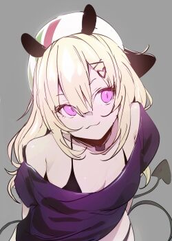1girl :3 absurdres arms_behind_back blonde_hair cap ddari eblis_choki highres purple_eyes tail virtual_youtuber vrecord