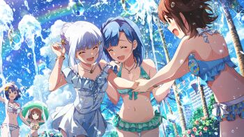 5girls :d ^_^ arm_up bikini blue_bikini blue_hair blue_one-piece_swimsuit breasts brown_hair card_commentary closed_eyes commentary_request day floral_print floral_print_one-piece_swimsuit game_asset green_bikini hair_bun holding_hands idolmaster idolmaster_million_live! idolmaster_million_live!_theater_days jewelry kasuga_mirai looking_at_another multiple_girls nanao_yuriko navel necklace official_art one-piece_swimsuit open_mouth outdoors palm_tree print_one-piece_swimsuit rainbow shiraishi_tsumugi single_hair_bun smile standing suou_momoko swimsuit third-party_source toyokawa_fuka tree water water_drop white_hair