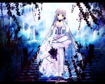 00s 1girl absurdly_long_hair barefoot chii chobits choker clamp female_focus flower frilled_legwear frilled_thigh_strap frills long_hair outdoors robot_ears solo thigh_strap very_long_hair water waterfall
