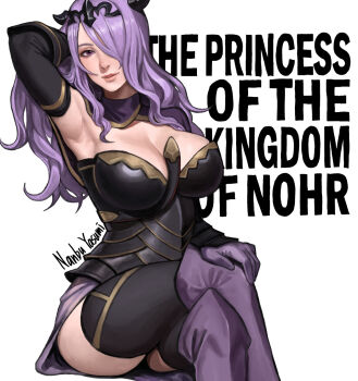 1girl arm_behind_back armor armpits artist_name black_armor black_thighhighs black_tiara boobplate boots breastplate breasts camilla_(fire_emblem) cleavage closed_mouth commentary_request english_text feet_out_of_frame fire_emblem fire_emblem_fates gloves hair_over_one_eye hand_on_own_knee highres large_breasts light_smile looking_at_viewer mixed-language_commentary nanbu_yasumi nintendo one_eye_covered parted_bangs presenting_own_armpit purple_boots purple_eyes purple_hair simple_background sitting smile solo thighhighs tiara upper_body wavy_hair white_background