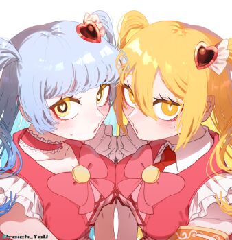 2girls artist_name blue_hair blush bow breast_press breasts collarbone commentary_request don_quixote_(project_moon) double-parted_bangs e.g.o_(project_moon) eyelashes heart heart-shaped_pupils in_the_name_of_love_and_hate_(e.g.o) large_breasts limbus_company lobotomy_corporation lobotomy_corporation_(identity)_(project_moon) long_hair looking_at_viewer loose_hair_strand multiple_girls open_mouth orange_eyes pmchell_04 project_moon queen_of_hatred red_bow sweatdrop symbol-shaped_pupils symmetrical_docking two_side_up white_background yellow_eyes
