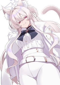 1girl akira_(blue_archive) animal_ear_fluff animal_ears black_bow black_choker blue_archive bow cat_ears cat_girl cat_tail choker closed_mouth gloves grey_halo hair_between_eyes half_updo halo highres jacket jacket_on_shoulders long_hair looking_at_viewer neko_daruma pants pink_hair red_eyes shirt sidelocks smile solo tail white_gloves white_jacket white_pants white_shirt