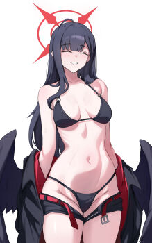 1girl bikini black_bikini black_hair black_shorts black_wings blue_archive breasts closed_eyes fangs_(fangs_art) halo highres ichika_(blue_archive) ichika_(swimsuit)_(blue_archive) large_breasts long_hair navel official_alternate_costume open_fly red_halo shorts simple_background smile solo stomach swimsuit very_long_hair white_background wings