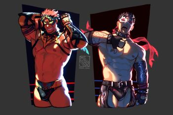 Rule 34 | 2boys, abs, bara, bare pectorals, black hair, broad shoulders, bulge, character request, check copyright, collar, copyright request, covered eyes, dango kohai, earrings, fingerless gloves, gloves, grin, headband, highres, jewelry, leather, leather gloves, leather pants, male focus, multiple boys, muscular, muscular male, navel, nipples, orange hair, original, pants, pectorals, scar, scar on stomach, sharp teeth, signature, smile, spiked collar, spikes, teeth, tongue, tongue out, topless male, v-taper, wrestler, wrestling mask, wrestling outfit