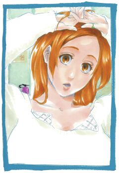 1girl bleach breasts brown_eyes collarbone female_focus hand_on_own_head inoue_orihime kubo_tite looking_at_viewer official_art orange_hair parted_bangs parted_lips postcard second-party_source simple_background sweater upper_body