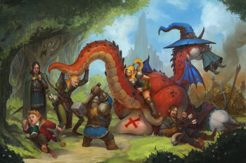 1girl 5boys absurdres aragorn armor arms_up arrow_(projectile) batman belt blonde_hair blue_hat boromir bow_(weapon) brown_gloves chubby_bubbles_girl_(meme) cloak commentary corpse crossover dragon dwarf elf english_commentary fantasy fire food forest from_behind gloves green_cloak green_skirt green_tunic green_vest hammer hat high_ponytail highres holding holding_hammer holding_paintbrush holding_smoking_pipe holding_weapon horns horse jacket large_testicles legolas long_hair magic:_the_gathering marshmallow meme missing_tooth mountain multiple_boys multiple_crossover nature original outdoors paint paintbrush parody pointy_ears ponytail quiver red_jacket running sharp_teeth single_horn skirt sledgehammer smoke smoking_pipe staff standing sword tail tail_grab teeth testicles the_lord_of_the_rings tolkien's_legendarium tony_sart tree tunic vest weapon witch_hat yes_chad_(meme)