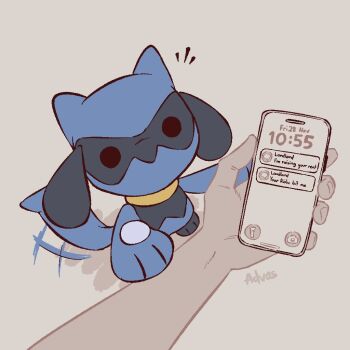 Rule 34 | 1boy, advos, black fur, blue fur, cellphone, chibi, gen 4 pokemon, grey background, holding, holding phone, looking at another, looking at viewer, nintendo, phone, pokemon, pokemon (creature), pov, pov hands, riolu, signature, simple background, smartphone, tail, tail wagging, two-tone fur