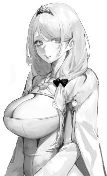 Rule 34 | 1girl, absurdres, breasts, cape, cleavage, cleavage cutout, clothing cutout, dress, fur-trimmed cape, fur trim, greyscale, hair behind ear, hair over shoulder, high collar, highres, jewelry, large breasts, leviathan (hikinito0902), long hair, long sleeves, low side ponytail, monochrome, necklace, original, parted lips, simple background, smile, solo, swept bangs, tiara, upper body, white background