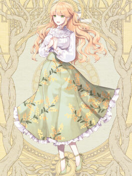 1girl :d blonde_hair breasts clona dairoku_ryouhei earrings elizabeth_knights floral_print full_body green_eyes green_shoes green_skirt high_heels highres jewelry long_hair long_sleeves medium_breasts open_mouth own_hands_together shirt shoes skirt smile solo standing very_long_hair white_shirt yellow_background