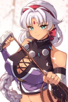 Rule 34 | 1girl, breasts, cleavage, cross-laced clothes, cross-laced top, curtained hair, dark-skinned female, dark skin, earrings, eiyuu densetsu, facial mark, forehead jewel, highres, holding, holding whip, hoop earrings, jewelry, looking at viewer, navel piercing, necklace, piercing, scherazard harvey, simple background, sora no kiseki, whip, white hair, zer00han