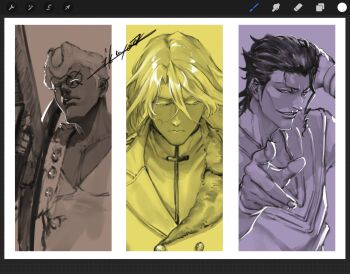 3boys art_program_in_frame askin_nakk_le_vaar bicorne black_hair bleach border brown_background brown_theme buttons closed_eyes coat collared_coat column_lineup dark-skinned_male dark_skin eye_tattoo facing_ahead facing_viewer gun hair_between_eyes hair_slicked_back hand_on_own_head hat highres holding holding_weapon huge_weapon ikuyoan jugram_haschwalth lille_barro long_hair long_sleeves looking_at_viewer male_focus mature_male military military_hat military_uniform multiple_boys outside_border parted_lips pointing pointing_at_viewer purple_background purple_theme quincy_(bleach) rifle shirt short_hair sidelocks signature simple_background single_blank_eye smile sternritter striped_clothes striped_shirt tattoo trench_coat tsurime twitter_username vertical-striped_clothes vertical-striped_shirt wandenreich_uniform weapon white_border yellow_background yellow_theme