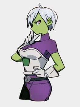 1girl bodysuit breasts cheelai colored_skin cropped_legs dragon_ball dragon_ball_super dragon_ball_super_broly gloves green_skin grey_background kemachiku looking_at_viewer medium_breasts pink_eyes purple_bodysuit short_hair simple_background solo white_gloves white_hair