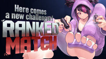 1girl applying_pedicure barefoot black_bra bra candy commentary_request cosmetics english_text feet food foot_focus hair_through_hood han_juri heterochromia highres hood hood_up lollipop multicolored_hair nail_polish nail_polish_bottle nail_polish_brush official_alternate_costume official_alternate_hairstyle onesie open_pajamas painting_toenails pajamas pink_background solo streaked_hair street_fighter street_fighter_6 street_fighter_6_new_challenger_art_contest toe_separator toenail_polish toenails toes twintails umino_hotate underwear