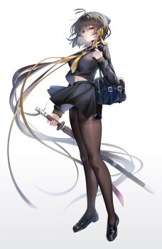 1girl absurdly_long_hair absurdres alternate_costume alternate_hair_length alternate_hairstyle antenna_hair bag black_bag black_bow black_hair black_pantyhose black_sailor_collar black_serafuku black_shirt black_shoes black_skirt bow breasts closed_mouth commentary female_rover_(wuthering_waves) full_body hair_bow hair_ornament hair_ribbon hairclip highres holding holding_sword holding_weapon large_breasts long_hair long_sleeves looking_at_viewer miniskirt navel paid_reward_available pantyhose parallel_hairclips ribbon rourou_(been) rover_(wuthering_waves) sailor_collar school_bag school_uniform serafuku shinai shirt shoes shoulder_bag simple_background skirt solo standing sword tachi-e thighband_pantyhose thighs very_long_hair weapon white_background wind wuthering_waves yellow_eyes yellow_ribbon
