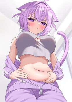 Rule 34 | 1girl, absurdres, ahoge, animal ears, bare shoulders, blush, breasts, camisole, cat cutout, cat ears, cat girl, cat tail, cleavage, clothing cutout, collarbone, commentary request, crop top, grey camisole, hair between eyes, highres, hololive, jacket, kumoru (kumoru 145), large breasts, looking at viewer, medium hair, nekomata okayu, nekomata okayu (membership), no bra, official alternate costume, open clothes, open jacket, purple eyes, purple hair, purple jacket, smile, solo, stomach, strap slip, tail, virtual youtuber