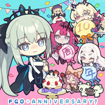 ahoge anniversary armor artoria_caster_(fate) artoria_caster_(second_ascension)_(fate) artoria_pendragon_(fate) avalon_le_fae_(fate/grand_order) bag baggy_clothes baggy_pants balloon baobhan_sith_(fate) baobhan_sith_(first_ascension)_(fate) barghest_(fate) barghest_(second_ascension)_(fate) beret birthday_cake black_bow black_dress black_gloves black_hair blonde_hair blue_cape blue_capelet blue_cloak blue_dress blue_eyes blue_hat blush boots bow braid breasts brown_eyes brown_pantyhose button_eyes buttons cake cape capelet celebration center_frills cernunnos_(fate) chaldea_uniform chibi chibi_only cloak closed_eyes coat colored_skin con_(fate) creature decorating dress english_text faerie_knights_(fate) fate/grand_order fate_(series) food forked_eyebrows frilled_dress frills fruit fujimaru_ritsuka_(female) fujimaru_ritsuka_(male) gauntlets gloves green_eyes green_skin grey_eyes grey_hair habetrot_(fate) hair_bow hair_ornament half_up_braid hat heterochromia horns icing jacket jewelry long_hair long_sleeves looking_at_viewer melusine_(fate) melusine_(second_ascension)_(fate) morgan_le_fay_(fate) morgan_le_fay_(third_ascension)_(fate) multicolored_cape multicolored_capelet multicolored_cloak multiple_girls multiple_others muscular muscular_female one_side_up open_mouth orange_eyes orange_hair pants pantyhose pauldrons pink_coat pink_hair pink_hat pointy_ears ponytail purple_ribbon red_boots red_dress red_eyes ribbon saipaco satchel short_hair shoulder_armor side_ponytail sidelocks single_gauntlet single_pauldron small_breasts smile strawberry thigh_boots thighhighs tiara twintails two-tone_dress very_long_hair white_dress white_fur white_hair white_thighhighs wide_sleeves yellow_eyes