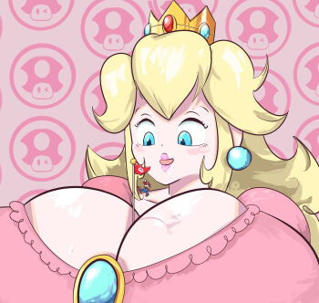 blonde_hair blue_eyes blue_overalls breasts crown dress earrings facial_hair giant giantess gigantic_breasts highres jewelry lipstick makeup mario mario_(series) mustache nintendo overalls pachalt pink_dress pink_lips princess_peach sphere_earrings super_mushroom