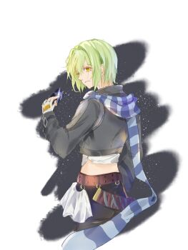 Rule 34 | 1boy, ao no kiseki, bob cut, card, crop top, cropped jacket, eiyuu densetsu, fingerless gloves, gloves, green hair, hair between eyes, hair intakes, hand on own hip, highres, holding, holding card, long sleeves, male focus, midriff, night, night sky, parted lips, scarf, short hair, simple background, sky, solo, star (sky), starry sky, striped clothes, striped scarf, upper body, wazy hemisphere, white gloves, yellow eyes, yingkongji1, zero no kiseki