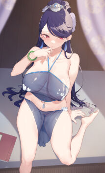 absurdres bangle barefoot blurry blurry_foreground bracelet cloba closed_mouth collarbone commentary covered_erect_nipples earrings feet floral_print hair_ornament hand_up high_ponytail highres jewelry kusuriya_no_hitorigoto lihua_(kusuriya_no_hitorigoto) long_hair looking_at_viewer navel pelvic_curtain ponytail purple_hair pussy red_eyes see-through_clothes sitting swept_bangs tassel tassel_earrings thighs very_long_hair