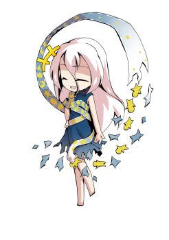 1girl barefoot blue_dress chibi chibi_only closed_eyes commentary_request crescent dairi dress full_body hair_between_eyes hand_on_own_hip large_variant_set long_hair long_hair_between_eyes ribbon_around_body simple_background sleeveless sleeveless_dress snake solo star_(symbol) tachi-e torn_clothes torn_dress touhou transparent_background triangle variant_set yuiman_asama