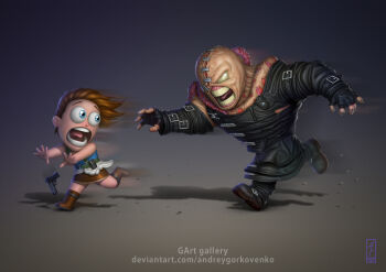 1boy 1girl absurdres andreygorkovenko artist_name black_skirt blue_eyes boots brown_boots chasing clothes_around_waist deformed fleeing gradient_background gun handgun highres jill_valentine leather miniskirt nemesis_(resident_evil) open_mouth resident_evil resident_evil_3:_nemesis signature skirt stitched_face stitches sweater sweater_around_waist weapon