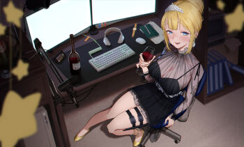 1girl alcohol at_computer black_dress blonde_hair blue_eyes bottle breasts chair cleavage commission computer computer_keyboard computer_mouse computer_tower cup dagger dress drinking_glass from_above gaming_chair hair_bun headphones highres holding holding_cup hololive hololive_english holster knife large_breasts long_sleeves looking_at_viewer microphone microphone_stand mole mole_on_breast monitor notebook official_alternate_costume official_alternate_hairstyle open_mouth pearl_choker pixiv_commission sash see-through_clothes see-through_dress shoes short_dress single_hair_bun sitting smile solo sppzr star_(symbol) swivel_chair thigh_holster thigh_strap tiara virtual_youtuber watch watson_amelia watson_amelia_(party_dress) weapon wine wine_bottle wine_glass wristwatch yellow_shoes