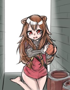 1girl alley animal_ear_fluff animal_ears bag ball bare_legs barefoot barrel brown_dress brown_hair child collar commentary_request double-parted_bangs dress grey_dress hair_between_eyes hands_up highres holding holding_bag holding_ball korean_commentary layered_dress leg_up long_hair long_sleeves looking_at_viewer messy_hair metal_collar metal_hair_tubes metal_wrist_cuffs microdress open_mouth raccoon_ears raccoon_girl raphtalia raphtalia_(young) red_dress red_eyes short_sleeves sketch solo standing standing_on_one_leg syhown tate_no_yuusha_no_nariagari teeth two-tone_dress upper_teeth_only