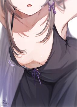 1girl arms_up black_dress breasts brown_hair collarbone commentary_request downblouse dress extended_downblouse herta_(honkai:_star_rail) highres honkai:_star_rail honkai_(series) leaning_forward long_hair no_bra ranran_3939 signature small_breasts solo the_herta_(honkai:_star_rail) translated twitter_username white_background