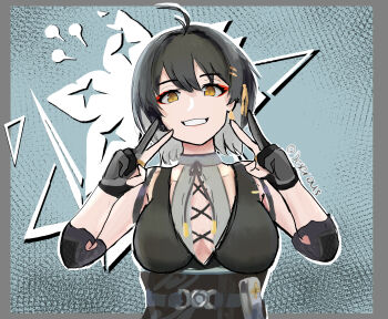 absurdres ahoge black_hair breast_cutout breasts colored_inner_hair cross-laced_clothes cross-laced_dress cross-laced_top deserous double_v earrings eyeliner female_rover_(wuthering_waves) highres jewelry low_ponytail makeup medium_hair multicolored_hair ponytail red_eyeliner ribbon rover_(wuthering_waves) smile triangle_earrings v wuthering_waves yellow_eyes yellow_ribbon