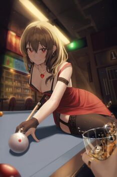 1girl absurdres ball bar_(place) billiard_ball billiards black_bra black_panties black_thighhighs blush bra breasts brown_hair cocktail_dress collarbone commentary cue_stick dress earrings english_commentary garter_straps highres jewelry kongsi lace lace-trimmed_legwear lace_bra lace_trim large_breasts long_hair looking_at_viewer original panties pendant pool_table red_dress red_eyes side_slit sitting sleeveless sleeveless_dress solo spaghetti_strap table thighhighs underwear
