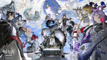 Rule 34 | 6+boys, 6+girls, arknights, bare shoulders, belt, black hair, black shorts, blonde hair, blue hair, breasts, ch'en the dawnstreak (arknights), chinese commentary, chongyue (arknights), colored skin, commentary request, copyright notice, dragon boy, dragon girl, dragon horns, dragon tail, dusk (arknights), flower pot, guitar, highres, holding, holding flower pot, holding guitar, holding instrument, holding weapon, horns, instrument, ji (arknights), jun (arknights), large breasts, ling (arknights), long hair, long sleeves, midriff, multicolored hair, multiple boys, multiple girls, navel, nian (arknights), official art, pants, purple hair, red eyes, red hair, shirt, shoes, short hair, shorts, shu (arknights), sitting, tail, wang (arknights), weapon, wei yenwu (arknights), white hair, white shirt, white shoes, white shorts, yi (arknights), yu (arknights)