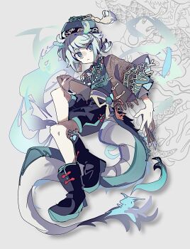 1boy :/ androgynous aqua_eyes black_boots boots brown_capelet capelet chinese_clothes clothing_request dragon_boy earrings eastern_dragon_horns eastern_dragon_tail edgar_valden edgar_valden_(sealed_chronicler) floating_clothes full_body highres holding holding_paintbrush identity_v jewelry looking_at_viewer male_focus mdr_31 necklace no_nose official_alternate_costume open_clothes paintbrush pearl_necklace ponytail puffy_shorts short_ponytail shorts single_earring solo white_hair