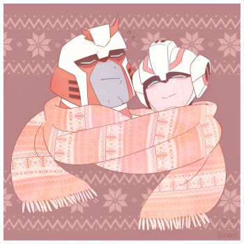 1boy 1girl arcee blue_eyes blush closed_eyes helmet highres humanoid_robot mijinkotail029 ratchet_(transformers) resized robot robot_girl scarf shared_clothes shared_scarf transformers transformers_animated upscaled v-fin