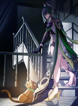 1girl ancient_egyptian_clothes animal brown_cat cat cat_tail claw_ring claws dendro_symbol_(genshin_impact) eye_tattoo fake_claws genshin_impact green_hair green_streaks headpiece highres looking_at_animal mark_under_eye nefer_(genshin_impact) snake_girl symbol-shaped_pupils tail tattoo triangle-shaped_pupils usekh_collar viviwi