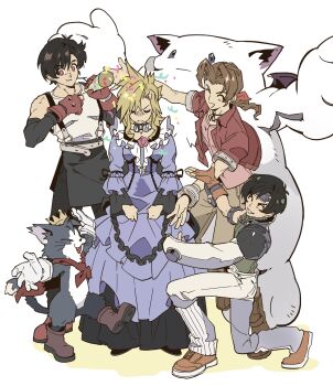 1girl 3boys aerith_gainsborough apron armor bangle bare_shoulders black_apron black_gloves black_hair black_pants black_shoes blonde_hair blush boots bracelet breasts brown_boots brown_hair brown_pantyhose cait_sith_(final_fantasy) cape cat choker clenched_hands closed_eyes cloud_strife cloud_strife_(ball_gown) confetti crown dress elbow_gloves final_fantasy final_fantasy_vii final_fantasy_vii_remake fingerless_gloves flower frilled_dress frills full_body genderswap genderswap_(ftm) genderswap_(mtf) gloves green_shirt hair_between_eyes hair_ribbon headband highres holding holding_party_popper jacket jewelry long_dress long_hair loose_socks low_ponytail medium_breasts mini_crown moogle multiple_boys official_alternate_costume on_one_knee open_mouth orange_gloves orange_shoes pants pantyhose parted_lips party_popper pauldrons pendant_choker pink_ribbon pink_shirt ponytail puffy_short_sleeves puffy_sleeves purple_dress red_cape red_eyes red_flower red_gloves red_jacket redshu ribbon ribbon_choker sharp_teeth shirt shoes short_hair short_sleeves shoulder_armor single_arm_guard single_pauldron sleeveless sleeveless_turtleneck smile sneakers socks spiked_hair streamers suspenders sweatdrop tank_top teeth tifa_lockhart turtleneck tuxedo_cat waist_apron wavy_hair white_background white_gloves white_pants white_tank_top yuffie_kisaragi