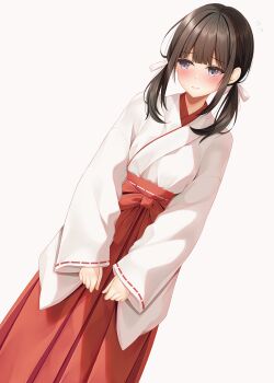 1girl blue_eyes blush bow brown_hair closed_mouth commentary_request dutch_angle flying_sweatdrops grey_background hair_bow hakama hakama_skirt highres japanese_clothes kimono long_hair long_sleeves looking_to_the_side low_twintails miko minato_ojitan original red_hakama ribbon-trimmed_sleeves ribbon_trim simple_background skirt sleeves_past_wrists solo twintails white_bow white_kimono wide_sleeves