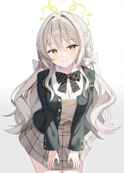 1girl absurdres black_bow black_bowtie blazer blue_archive blush bow bowtie braid breasts center_opening choppy_bangs cleavage closed_mouth commentary diagonal-striped_bow diagonal-striped_bowtie diagonal-striped_clothes gold_trim green_halo grey_hair grey_skirt hair_between_eyes hair_bow hair_intakes hair_ribbon halo hands_on_own_thighs highres jacket long_hair long_sleeves looking_at_viewer medium_breasts miyo_(blue_archive) ribbon ribbon_braid shirt simple_background skirt smile sob_(submar1089) solo standing striped_bow striped_bowtie striped_clothes thighs unbuttoned very_long_hair wavy_hair white_background white_bow white_shirt wild_hunt_academy_of_arts_logo yellow_eyes