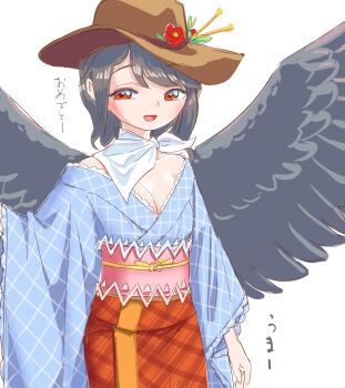 1girl adapted_costume black_hair black_wings blue_kimono breasts brown_hat cleavage commentary_request cowboy_hat feathered_wings flower hat hat_flower japanese_clothes kimono kurokoma_saki long_hair looking_at_viewer new_year obi open_mouth red_eyes s-a-murai sash simple_background smile solo touhou translation_request white_background wings