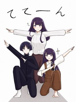 1boy 2girls alternate_costume arm_up asymmetrical_sidelocks barefoot black_hair black_jacket black_pants black_sleeves blouse blunt_bangs blunt_ends blush bright_pupils brown_overalls brown_pants casual cat_ornament closed_mouth collared_shirt contemporary expressionless eyelashes family frown gakuran genshin_impact hand_up highres jacket kneeling layered_sleeves long_hair long_sleeves looking_at_viewer mole mole_under_eye multiple_girls on_one_knee open_hands outstretched_arms overalls pants pon_oi4 purple_eyes purple_hair raiden_shogun ribbed_shirt scaramouche_(genshin_impact) school_uniform shadow shirt sidelocks smile socks sparkle split_mouth spread_arms swept_bangs three-quarter_sleeves translation_request tsurime undershirt white_background white_pupils white_shirt white_sleeves white_socks wispy_bangs