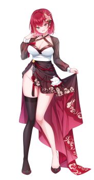 1girl absurdres akane_lize black_shoes black_thighhighs blonde_hair breasts cleavage full_body grey_eyes hair_ornament highres korean_clothes large_breasts looking_at_viewer mole mole_on_cheek mole_under_eye multicolored_hair namha76 no_panties parted_lips red_hair shoes short_hair simple_background single_thighhigh smile solo standing stellive streaked_hair thighhighs virtual_youtuber white_background