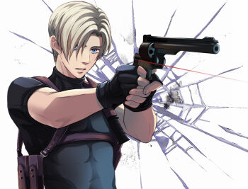 1boy belt blonde_hair blue_eyes broken_butterfly broken_glass chiya_(sere1) curtained_hair fingerless_gloves glass gloves gun handgun holster knife laser laser_pointer laser_pointer_projection laser_sight leon_s._kennedy male_focus resident_evil resident_evil_4 revolver s&amp;w_model_3 shoulder_holster smith_&amp;_wesson solo weapon