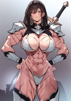 1girl abs absurdres arm_armor armor bikini bikini_armor breasts brown_eyes brown_hair cameltoe cleavage_cutout clenched_teeth clothing_cutout commentary_request grey_background hair_over_shoulder hands_on_own_hips highres large_breasts leg_armor long_hair looking_at_viewer multiple_scars muscular muscular_female original scar shoulder_armor sideboob standing swimsuit sword sword_on_back teeth thick_thighs thighs thong thong_bikini underboob warrior weapon weapon_on_back white_bikini yu_ki_ruta60