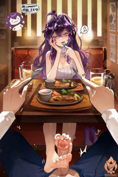 1boy 1girl beer_mug cleavage_cutout clothing_cutout cup eating exhibitionism femdom footjob footjob_under_table fork highres holding holding_fork holding_knife knife looking_at_viewer mug musical_note open_fly original penis pov public_indecency purple_hair restaurant seductive_smile shoes smile spoken_musical_note spread_legs table trembling two-footed_footjob under_table unworn_shoes utensil_in_mouth yeougui