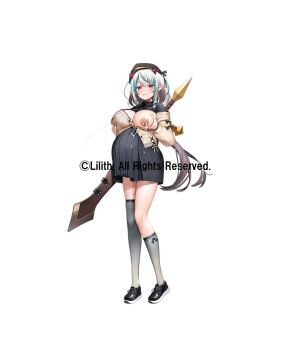 1girl beret black_dress black_shoes breasts breasts_out commentary_request copyright_notice dress fuu_fuu grabbing_own_breast hat highres horns jewelry lactation laura_(taimanin) long_hair looking_at_viewer necklace official_art open_mouth pleated_dress pointy_ears pregnant pussy_juice red_eyes second-party_source shoes simple_background socks solo standing sweater sword sword_on_back taimanin_(series) taimanin_rpgx weapon weapon_on_back white_background white_hair